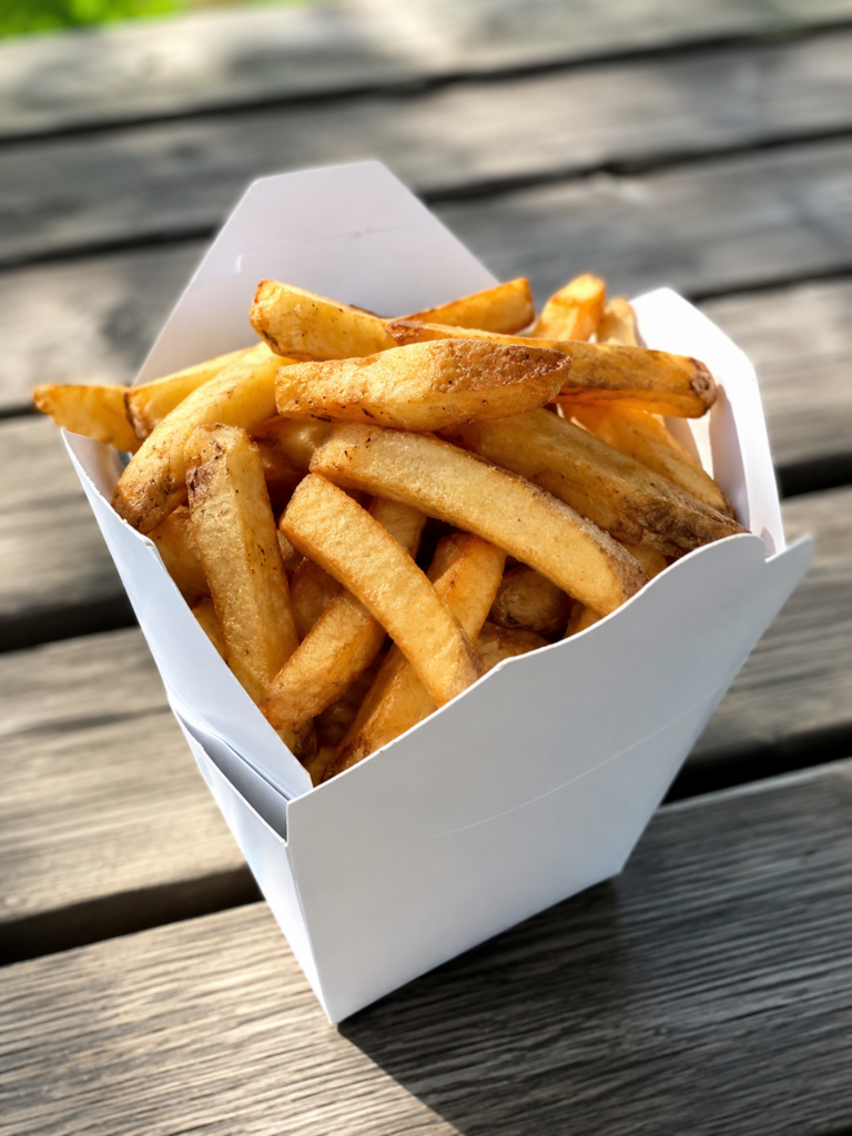 french fries from the fry tent at thiessen orchards in leamington ontario