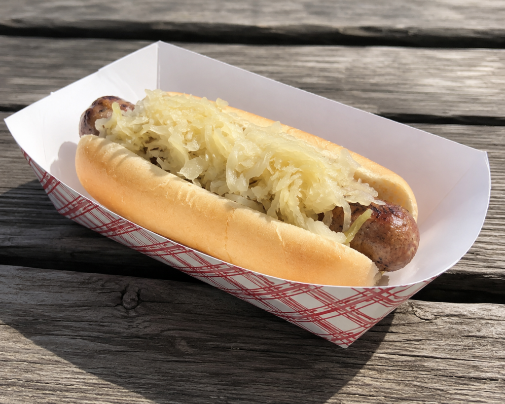 thiessen orchards famous mennonite sausage on a bun